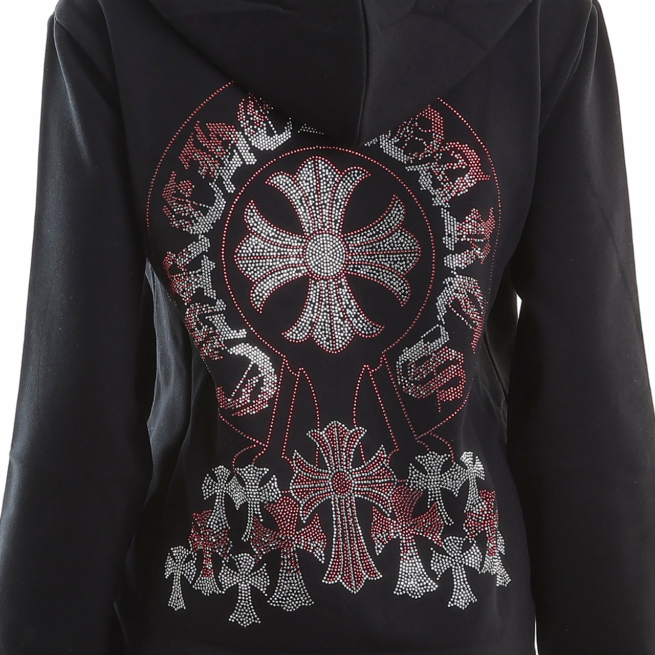 裏起毛ラインストーンスタッズ ジップアップフーディー(クロスモチーフ、ブラック)