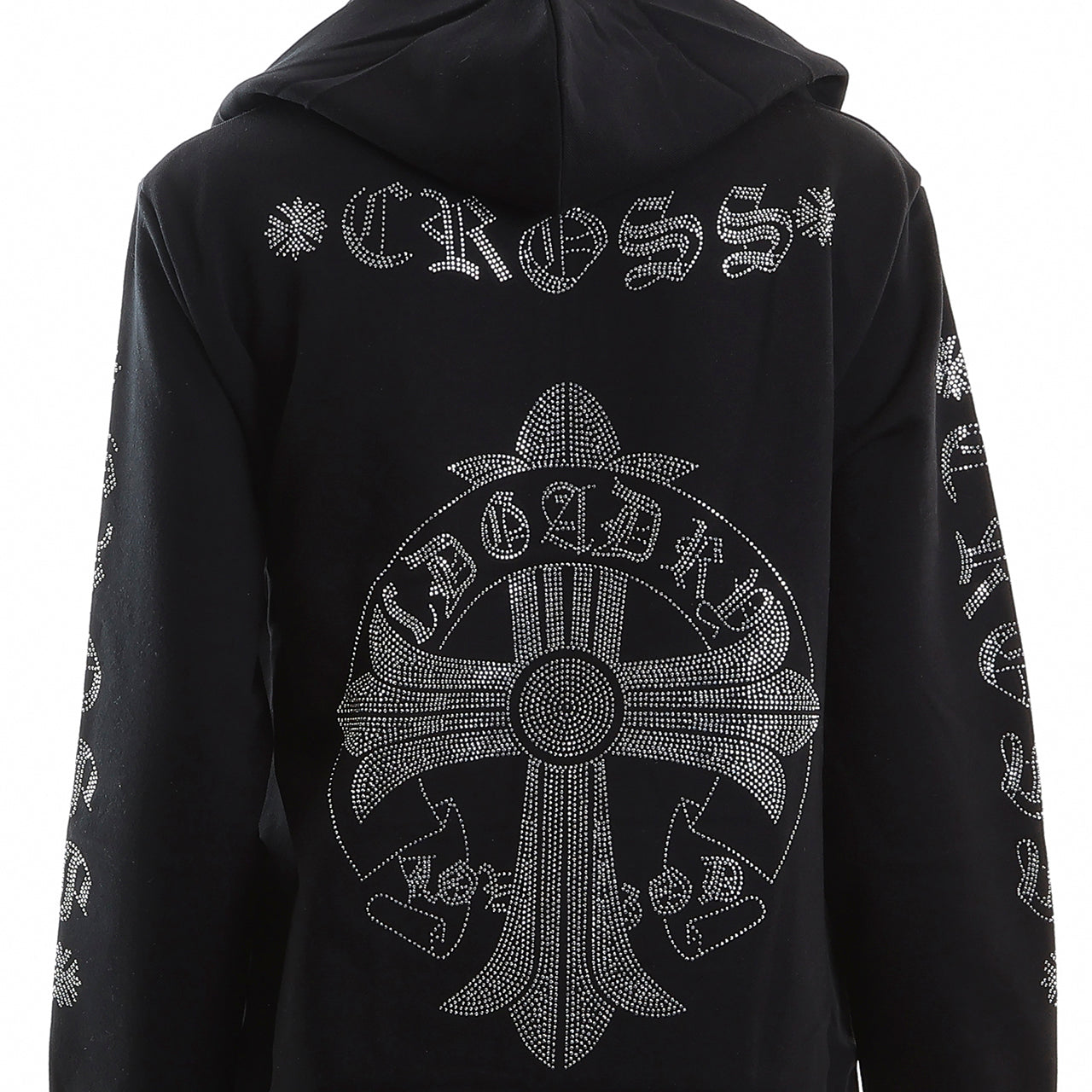 裏起毛 ラインストーンスタッズ ジップアップフーディー(ロゴデザイン、黒)