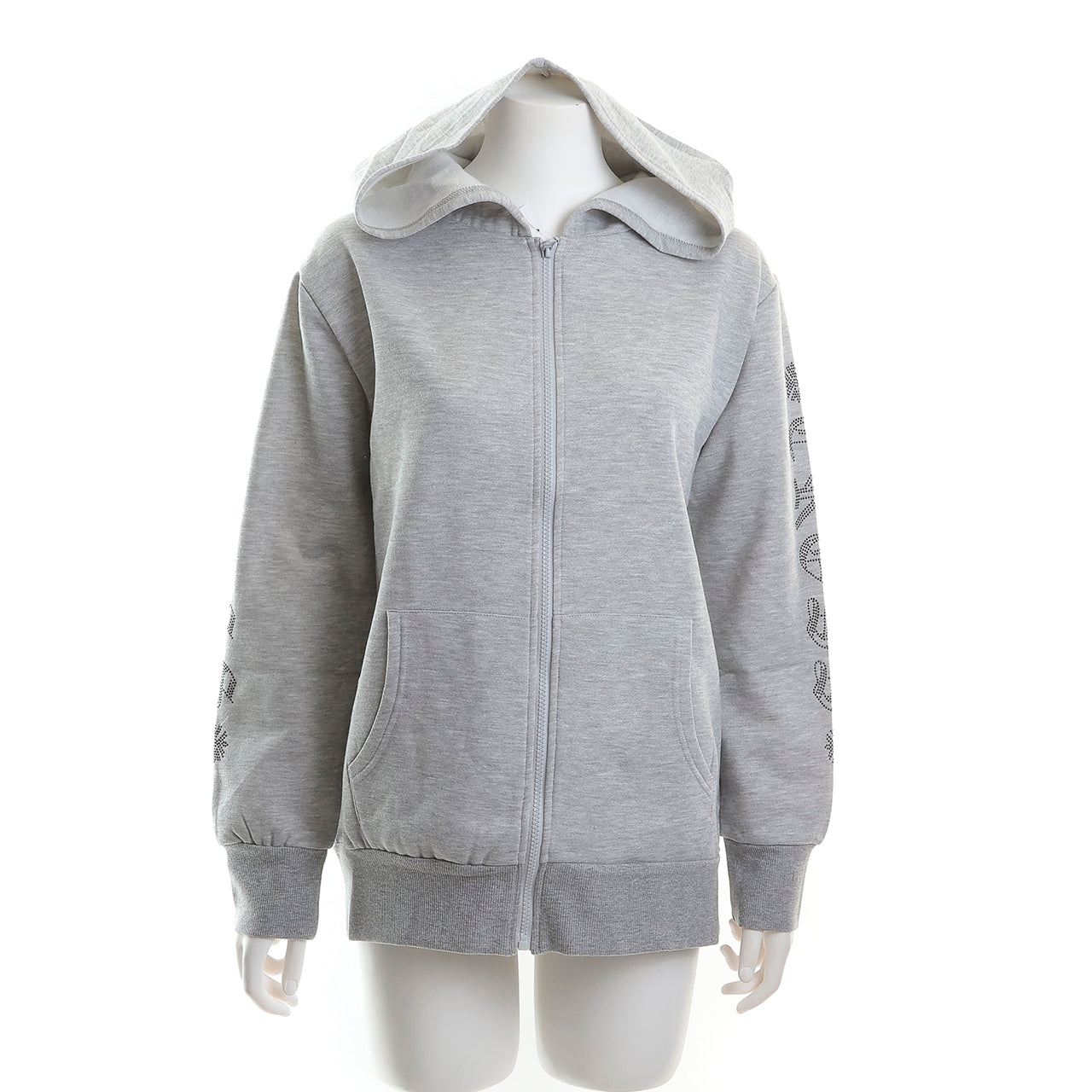 裏起毛 ラインストーンスタッズ ジップアップフーディー(袖ロゴデザイン、グレー)