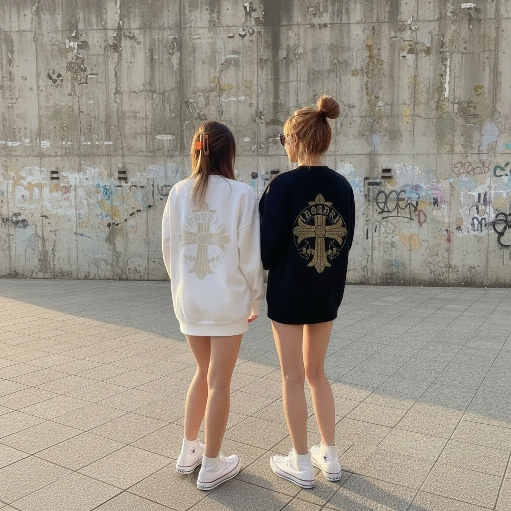 裏起毛 ラインストーン スタッズトレーナー(ロゴデザイン、ブラック)