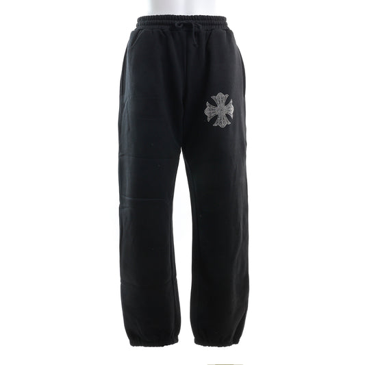 裏起毛 ラインストーン スタッズロングパンツ(クロス/ブラック)