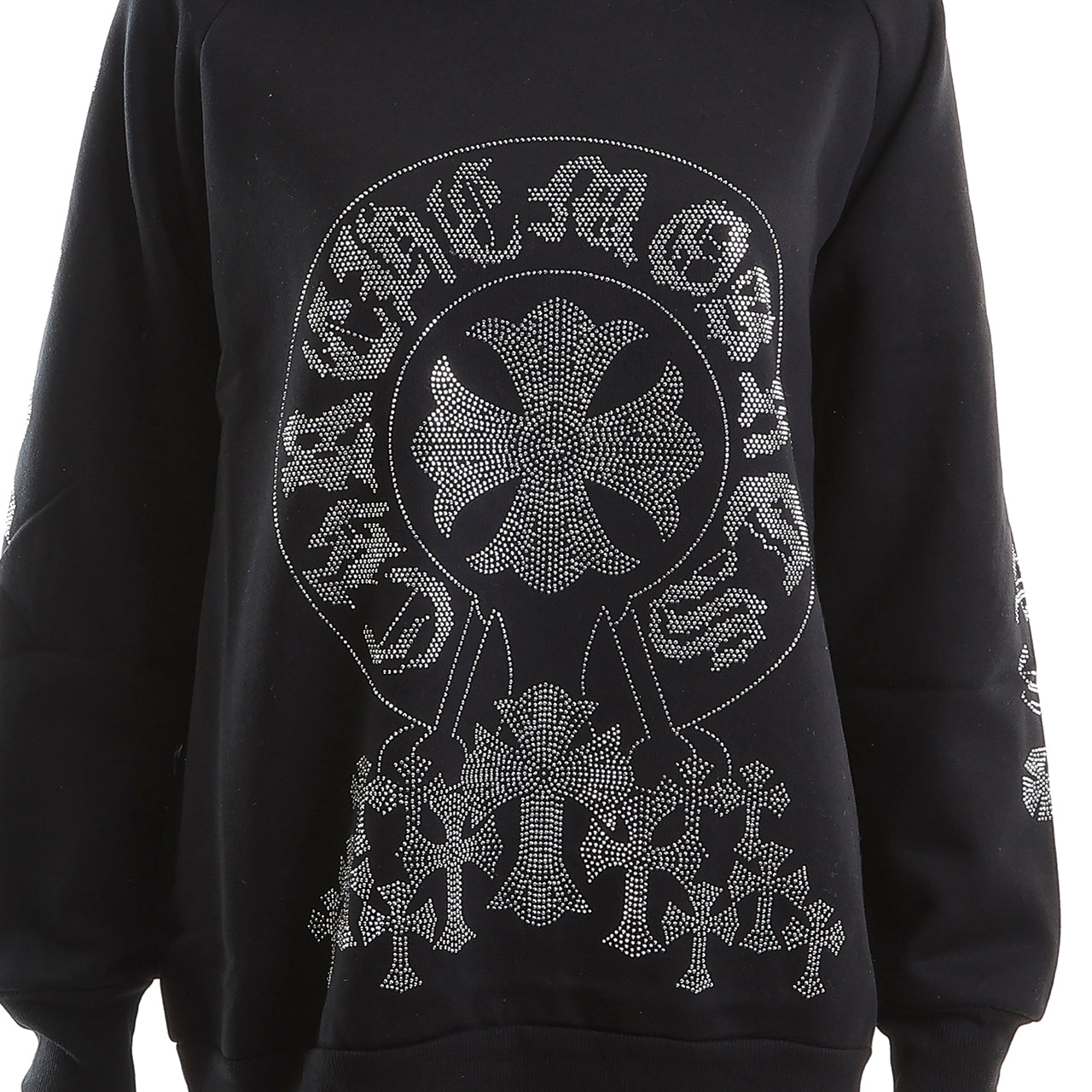 裏起毛 ラインストーン スタッズフーディー(サークルクロス、ブラック)