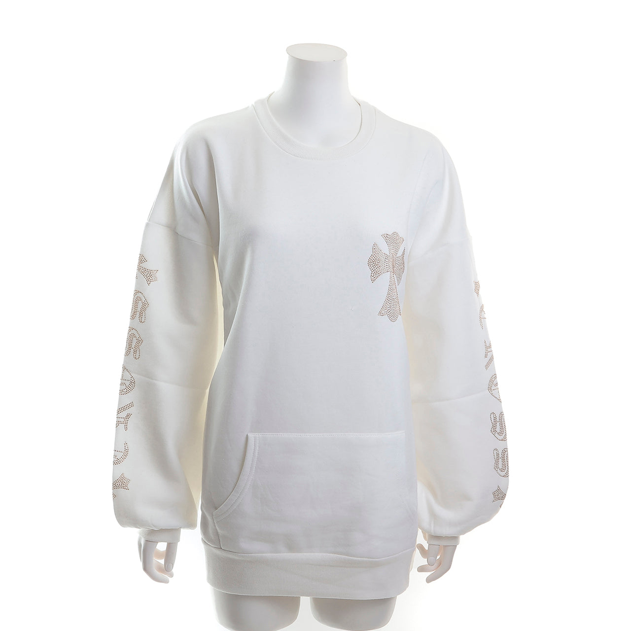 裏起毛 ラインストーン スタッズトレーナー(クロスモチーフ、ホワイト)