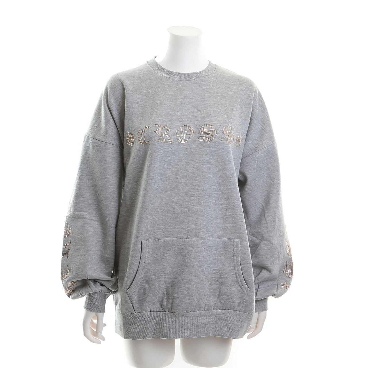 裏起毛 ラインストーン スタッズトレーナー(ロゴデザイン、グレー)