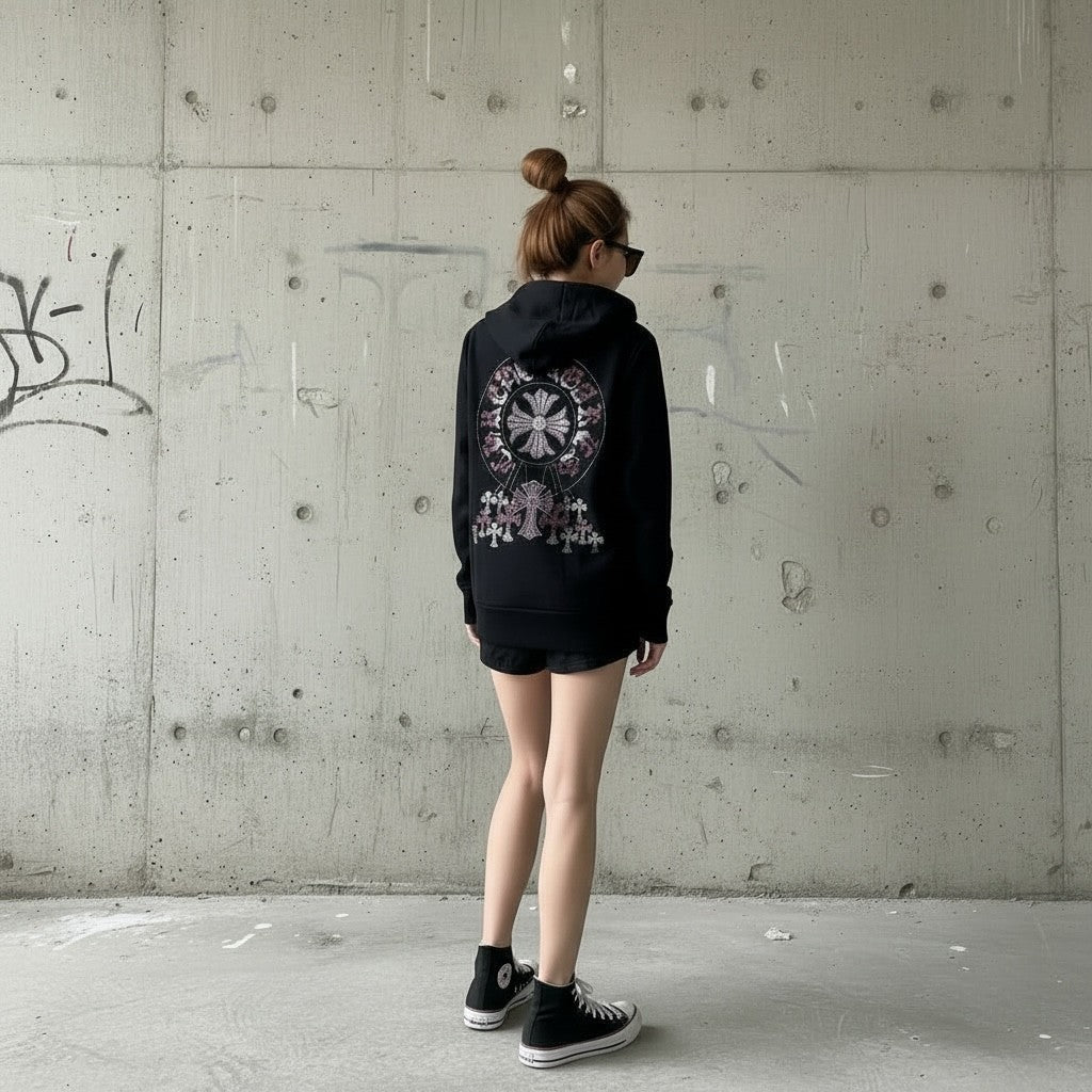 裏起毛 ラインストーンスタッズ ジップアップフーディー