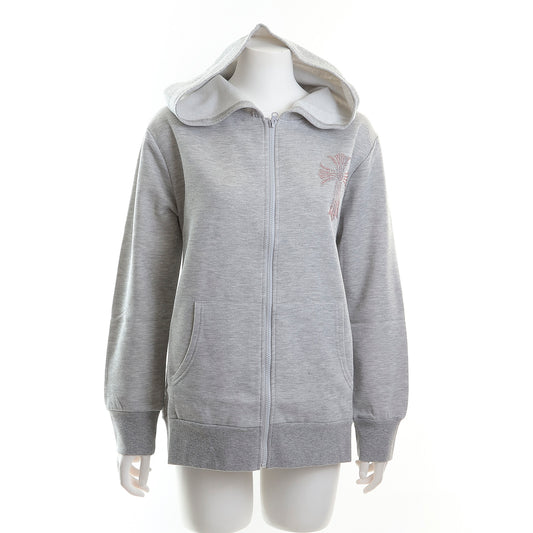 裏起毛ラインストーンスタッズ ジップアップパーカー（クロスモチーフ、グレー）