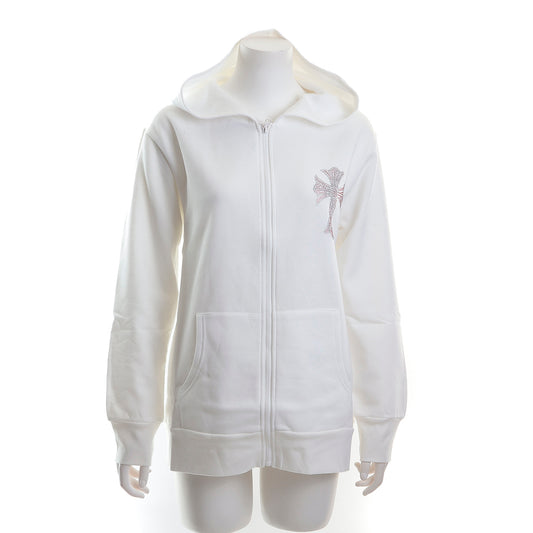 裏起毛ラインストーンスタッズ ジップアップパーカー（クロスモチーフ、ホワイト）