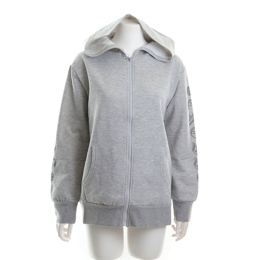 裏起毛 ラインストーンスタッズ　ジップアップフーディー（ロゴデザイン、グレー)