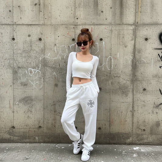 裏起毛 ラインストーン スタッズロングパンツ（クロス/ホワイト）