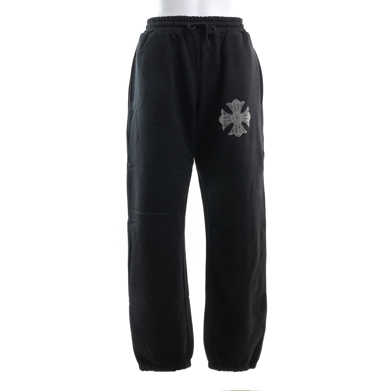 裏起毛 ラインストーン スタッズロングパンツ（クロス/ブラック）