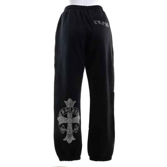 裏起毛 ラインストーン スタッズロングパンツ（クロス/ブラック）