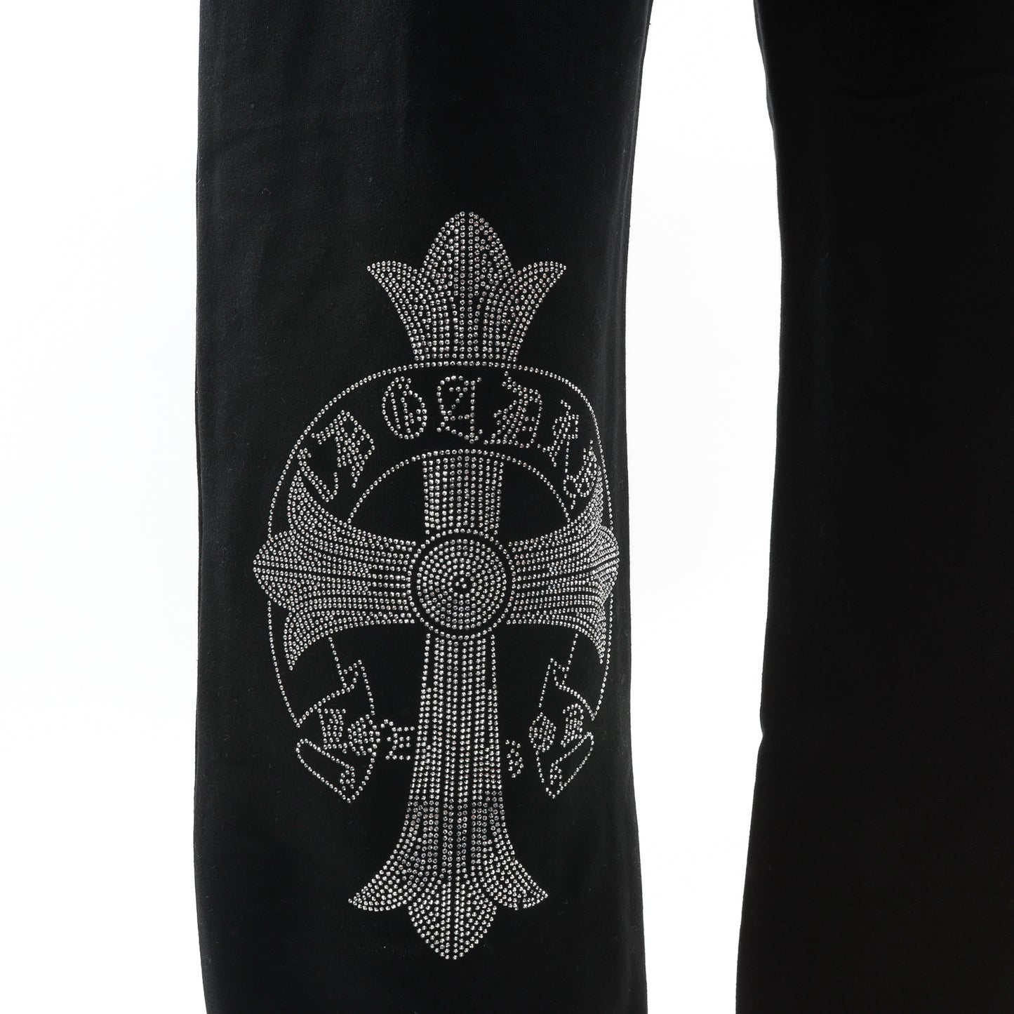 裏起毛 ラインストーン スタッズロングパンツ（クロス/ブラック）