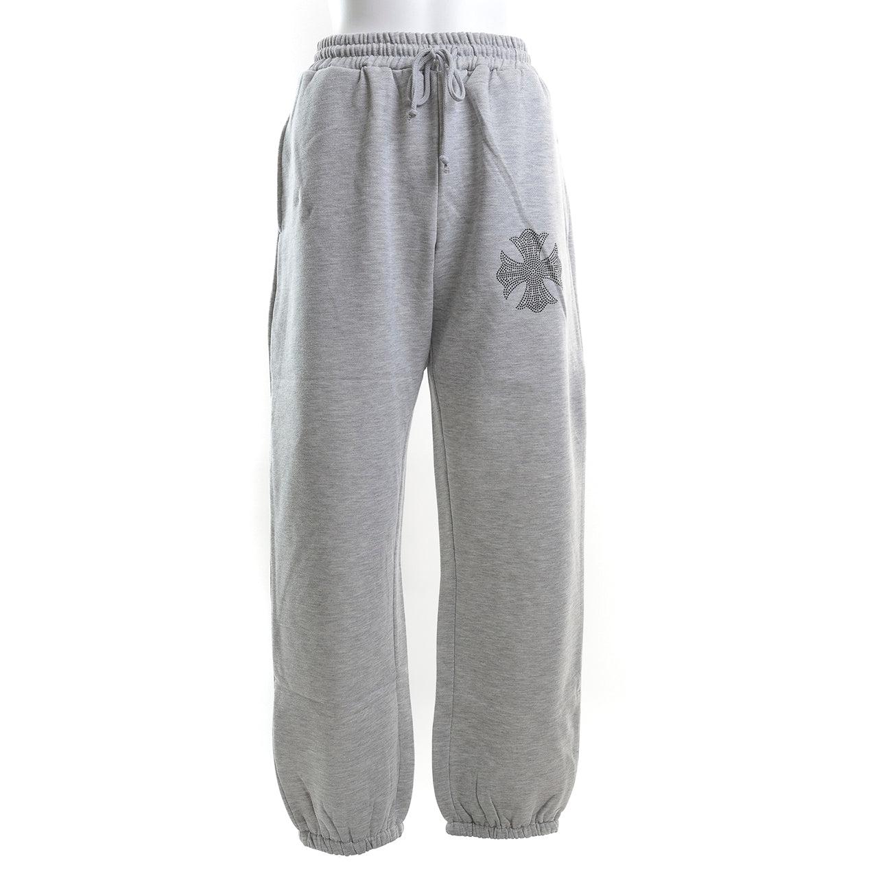 裏起毛 ラインストーン スタッズロングパンツ（クロス/グレー）