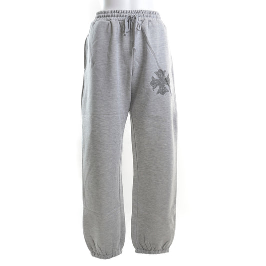 裏起毛 ラインストーン スタッズロングパンツ（クロス/グレー）