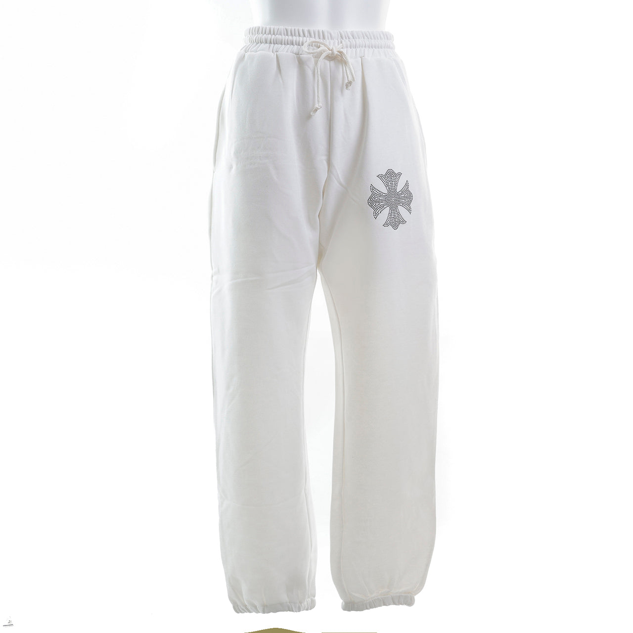 裏起毛 ラインストーン スタッズロングパンツ（クロス/ホワイト）