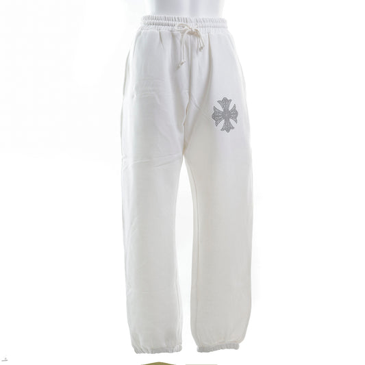 裏起毛 ラインストーン スタッズロングパンツ（クロス/ホワイト）