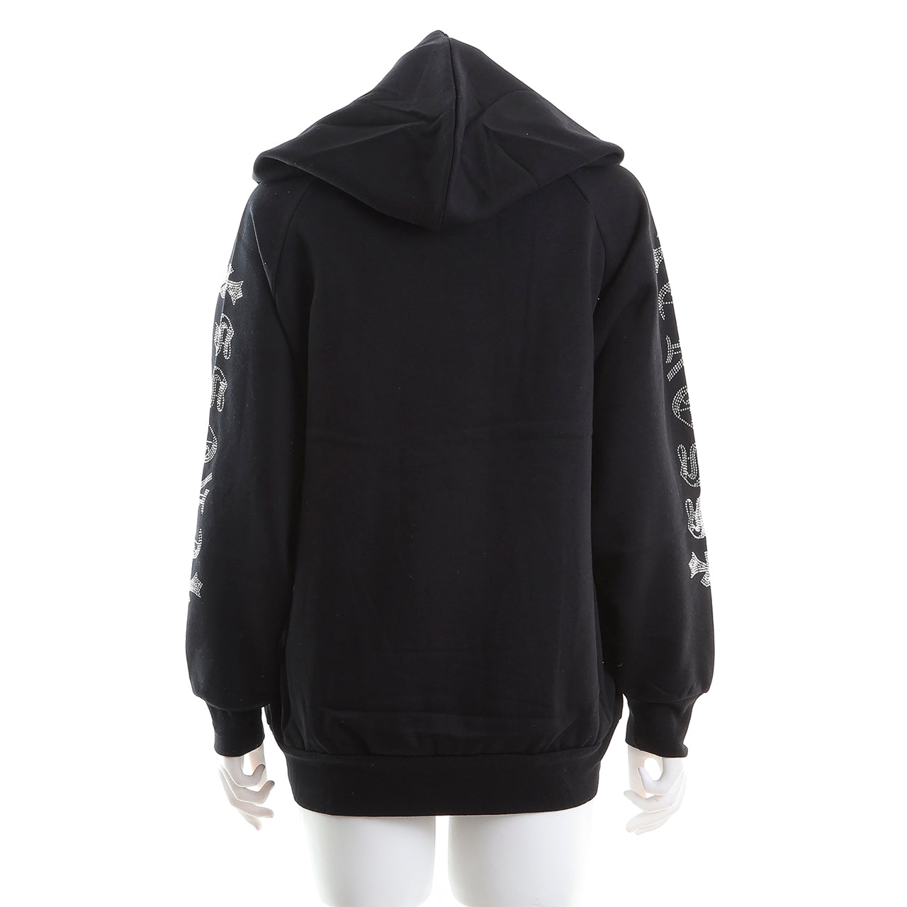 裏起毛 ラインストーン スタッズフーディー（サークルクロス、ブラック)