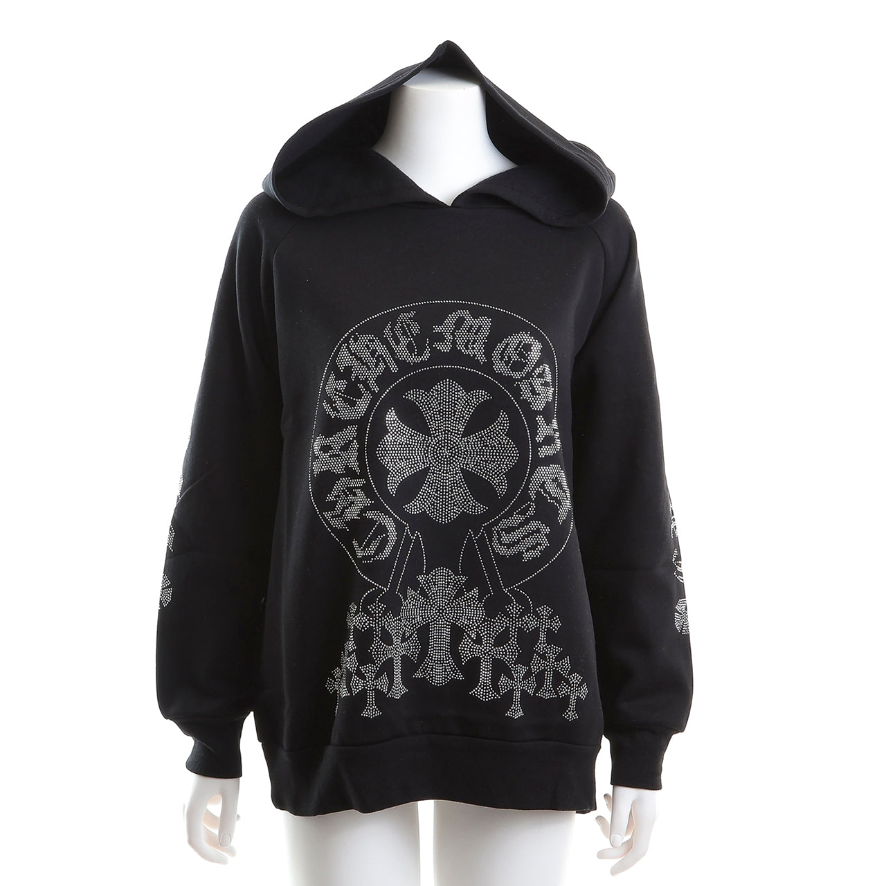 裏起毛 ラインストーン スタッズフーディー（サークルクロス、ブラック)