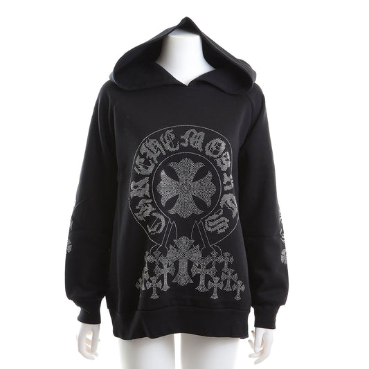 裏起毛 ラインストーン スタッズフーディー（サークルクロス、ブラック)