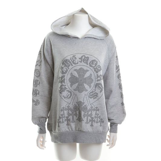 裏起毛 ラインストーン スタッズフーディー（サークルクロス、グレー）