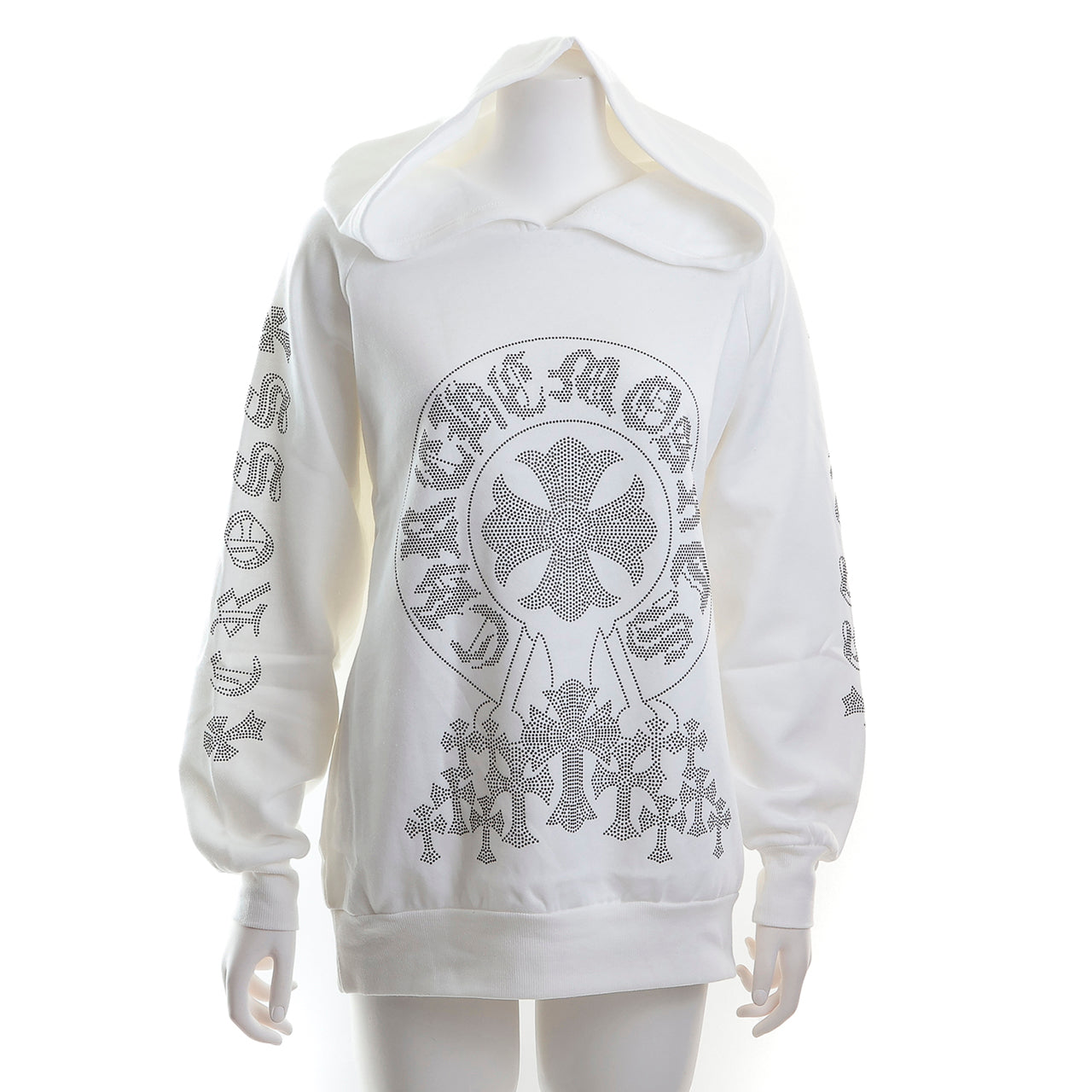 裏起毛 ラインストーン スタッズフーディー（サークルクロス、ホワイト）