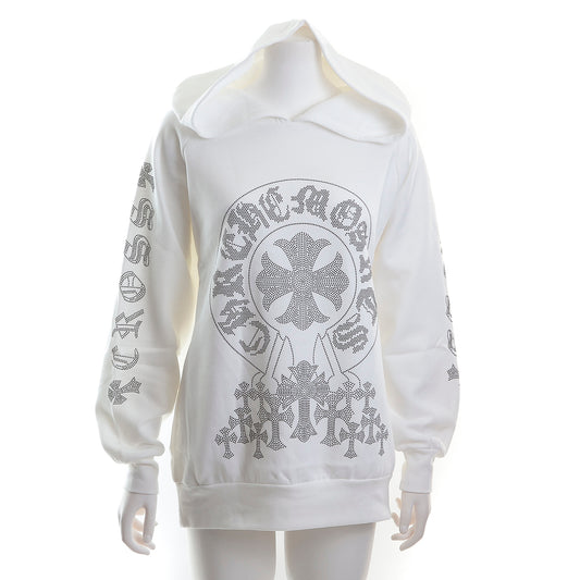 裏起毛 ラインストーン スタッズフーディー（サークルクロス、ホワイト）