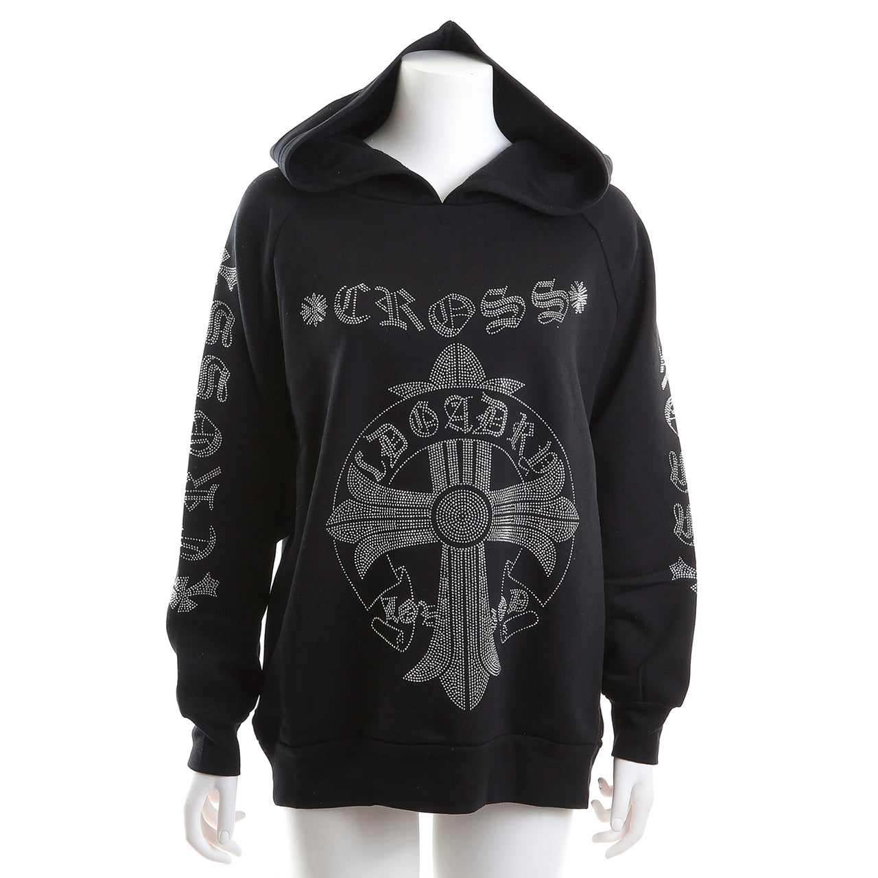 裏起毛 ラインストーン スタッズフーディー（クロスロゴ、ブラック)