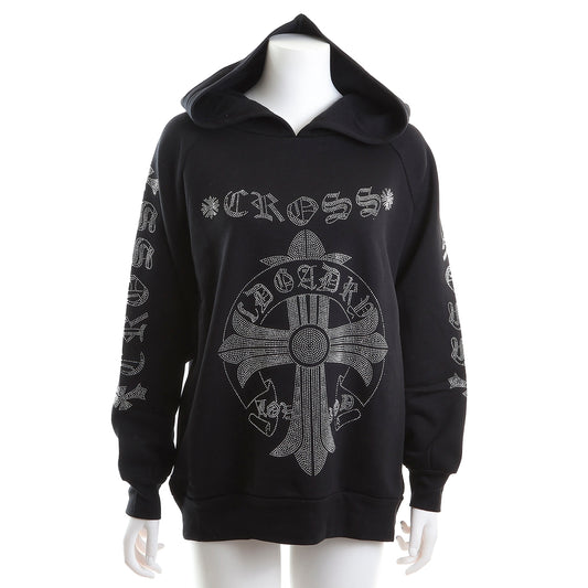 裏起毛 ラインストーン スタッズフーディー（クロスロゴ、ブラック)