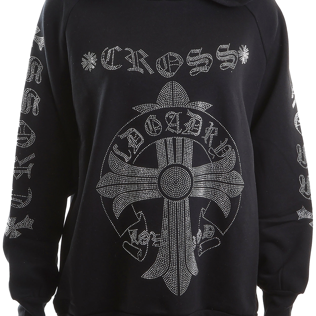 裏起毛 ラインストーン スタッズフーディー（クロスロゴ、ブラック)