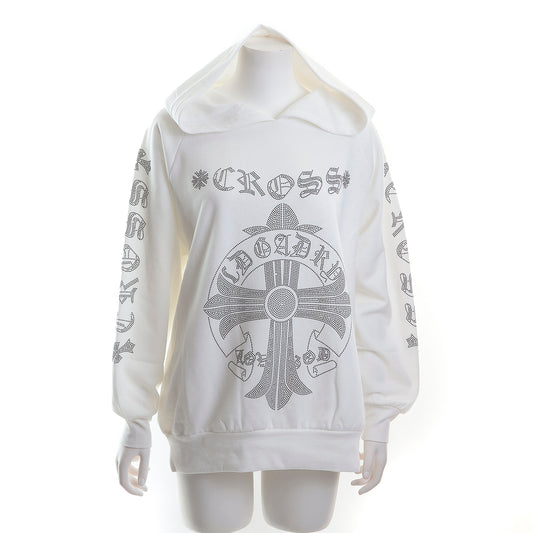 裏起毛 ラインストーン スタッズフーディー（クロスロゴ、ホワイト)