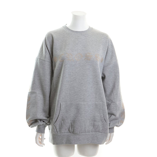 裏起毛 ラインストーン スタッズトレーナー（ロゴデザイン、グレー)