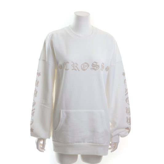 裏起毛 ラインストーン スタッズトレーナー（ロゴデザイン、ホワイト）