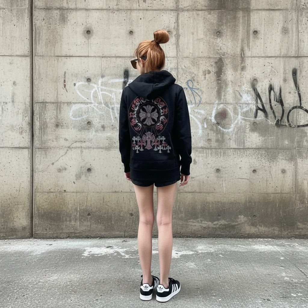 裏起毛ラインストーンスタッズ ジップアップフーディー（クロスモチーフ、ブラック）