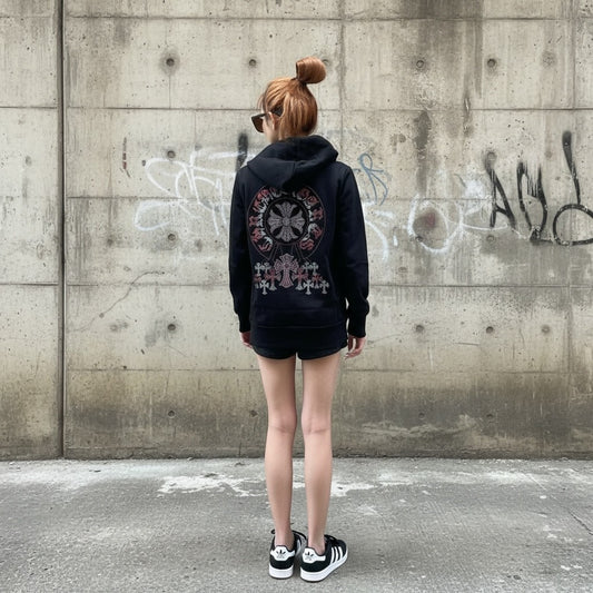 裏起毛ラインストーンスタッズ ジップアップフーディー（クロスモチーフ、ブラック）