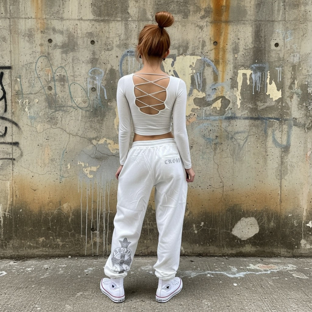 裏起毛 ラインストーン スタッズロングパンツ（クロス/ホワイト）