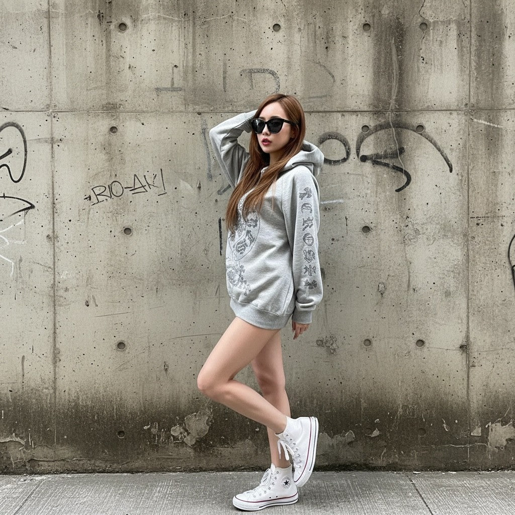 裏起毛 ラインストーンスタッズ　ジップアップフーディー（袖ロゴデザイン、グレー)