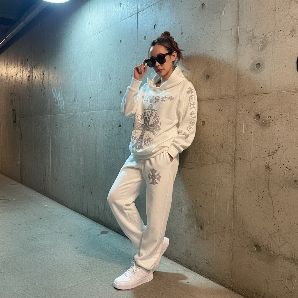 裏起毛 ラインストーン スタッズロングパンツ（クロス/ホワイト）