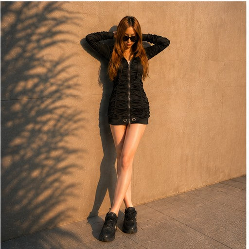 THREE PEACE black ruched zip-up hoodie dress with silver grommets and front zipper, M size.