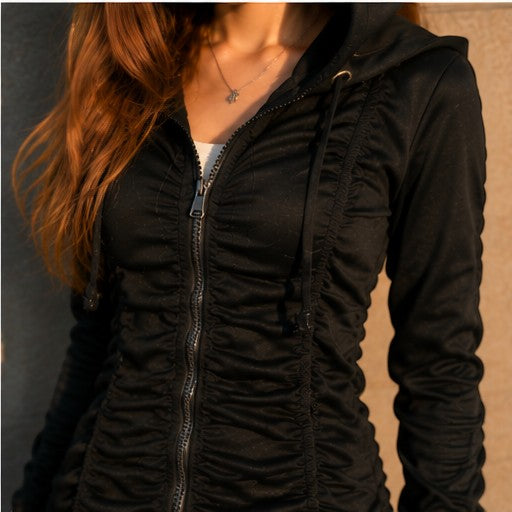 THREE PEACE black ruched zip-up hoodie with drawstring and silver rhinestone detail. Stretchy T/C fabric.