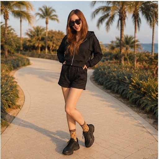 THREE PEACE black Y2K lounge set with cropped zip-up hoodie and shorts, featuring jacquard monogram pattern.