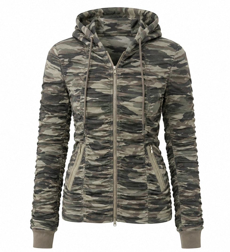 THREE PEACE camouflage ruched zip-up hoodie with drawstring hood and zippered pockets.