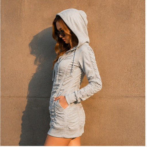 THREE PEACE light grey ruched zip-up hoodie dress with drawstring hood and pockets