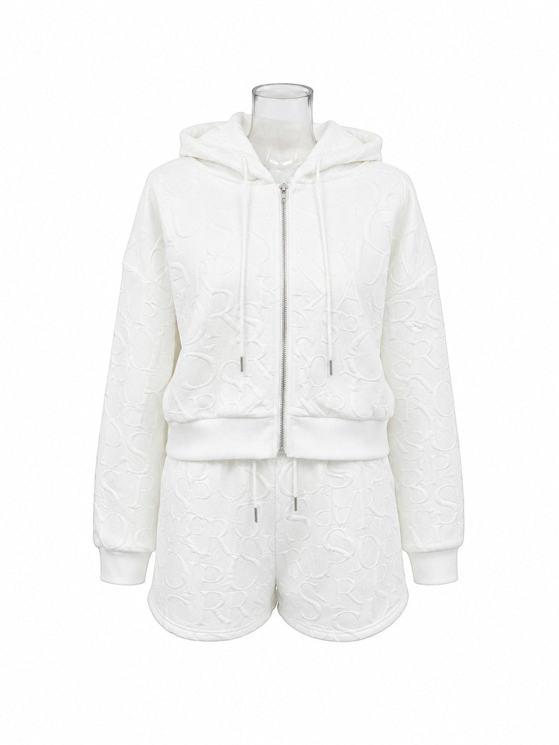 THREE PEACE white jacquard monogram lounge set with zip-up hoodie and shorts. Polyester.